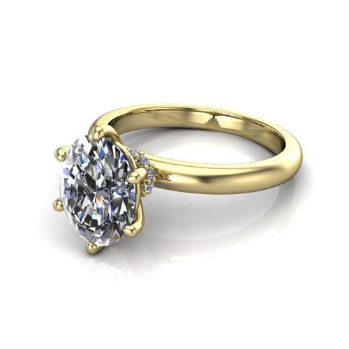 Delilah oval hidden halo engagement ring in 14K Yellow Gold, three-quarter perspective showing the oval center on claw prongs above a plain band with a hidden pav&eacute; halo