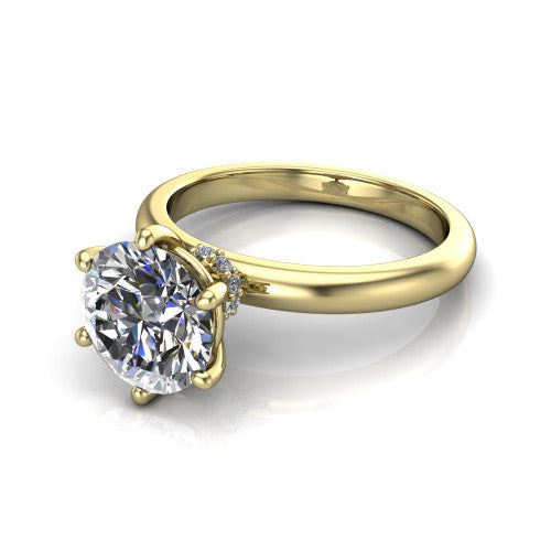 Delilah round hidden halo engagement ring in 14K Yellow Gold, three-quarter perspective showing the round center on claw prongs above a plain band with a hidden pav&eacute; halo
