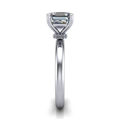 Delilah square emerald hidden halo engagement ring in Platinum, side profile showing the hidden pav&eacute; halo collar and the plain polished band in profile