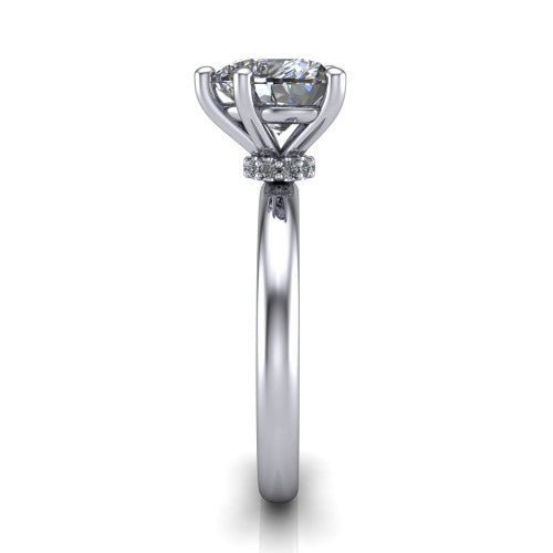 Delilah heart hidden halo engagement ring in 14K White Gold, side profile showing the hidden pav&eacute; halo collar and the plain polished band in profile