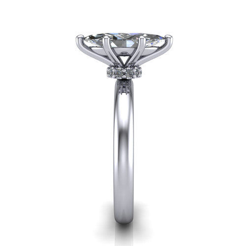 Delilah marquise hidden halo engagement ring in 14K White Gold, side profile showing the hidden pav&eacute; halo collar and the plain polished band in profile