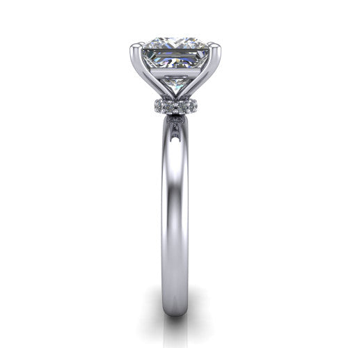 Delilah princess hidden halo engagement ring in Platinum, side profile showing the hidden pav&eacute; halo collar and the plain polished band in profile