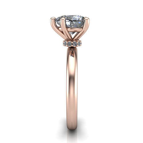 Delilah heart hidden halo engagement ring in 18K Rose Gold, side profile showing the hidden pav&eacute; halo collar and the plain polished band in profile