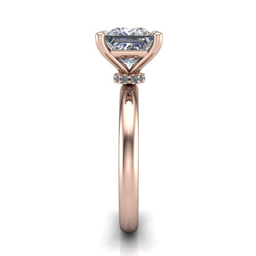 Delilah princess hidden halo engagement ring in 14K Rose Gold, side profile showing the hidden pav&eacute; halo collar and the plain polished band in profile