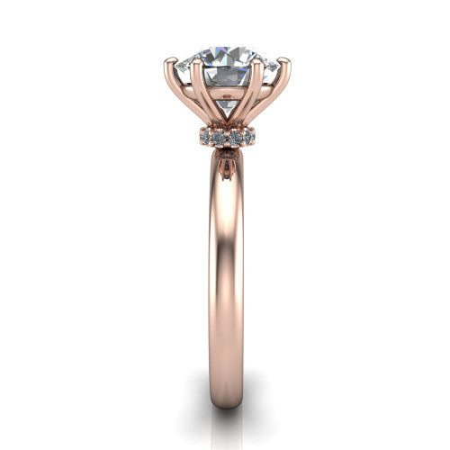 Delilah round hidden halo engagement ring in 18K Rose Gold, side profile showing the hidden pav&eacute; halo collar and the plain polished band in profile
