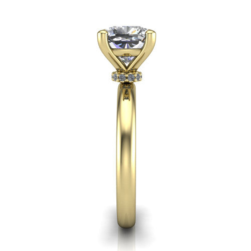 Delilah cushion hidden halo engagement ring in 14K Yellow Gold, side profile showing the hidden pav&eacute; halo collar and the plain polished band in profile