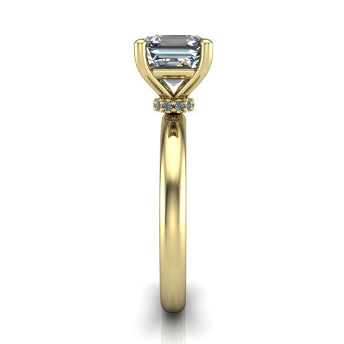 Delilah square emerald hidden halo engagement ring in 14K Yellow Gold, side profile showing the hidden pav&eacute; halo collar and the plain polished band in profile