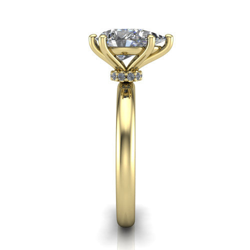 Delilah pear hidden halo engagement ring in 14K Yellow Gold, side profile showing the hidden pav&eacute; halo collar and the plain polished band in profile