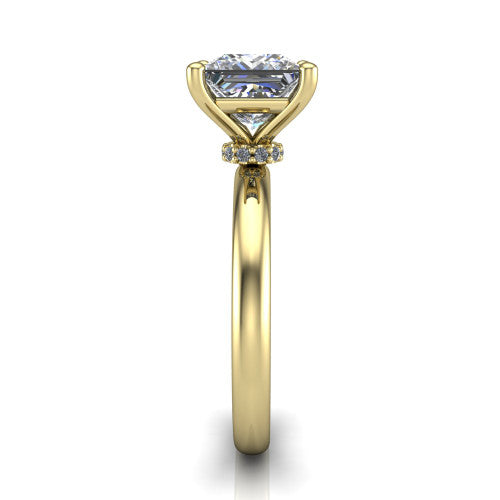 Delilah princess hidden halo engagement ring in 18K Yellow Gold, side profile showing the hidden pav&eacute; halo collar and the plain polished band in profile