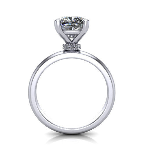 Delilah cushion hidden halo engagement ring in 14K White Gold, through-finger front profile showing the hidden pav&eacute; halo beneath the cushion center
