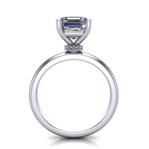 Delilah square emerald hidden halo engagement ring in 14K White Gold, through-finger front profile showing the hidden pav&eacute; halo beneath the square emerald center