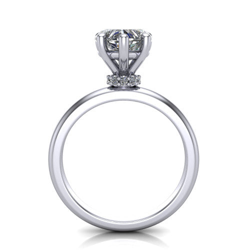 Delilah heart hidden halo engagement ring in Platinum, through-finger front profile showing the hidden pav&eacute; halo beneath the heart center