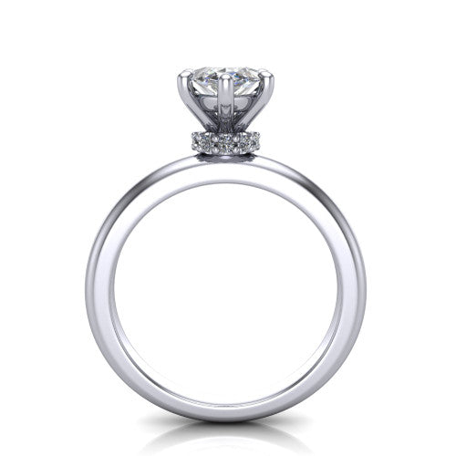 Delilah marquise hidden halo engagement ring in 18K White Gold, through-finger front profile showing the hidden pav&eacute; halo beneath the marquise center