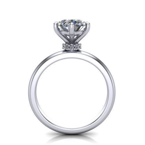 Delilah oval hidden halo engagement ring in 18K White Gold, through-finger front profile showing the hidden pav&eacute; halo beneath the oval center