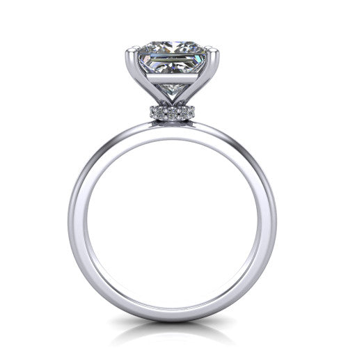 Delilah princess hidden halo engagement ring in 18K White Gold, through-finger front profile showing the hidden pav&eacute; halo beneath the princess center