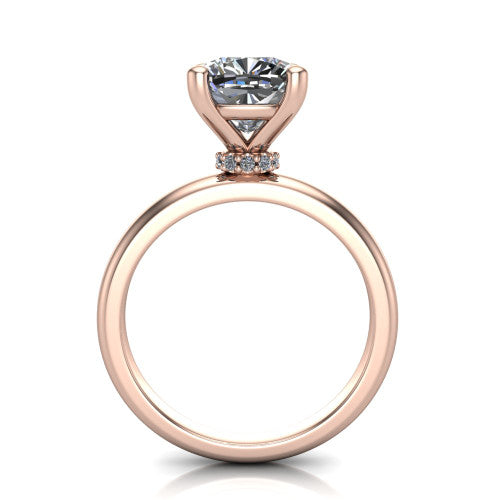 Delilah cushion hidden halo engagement ring in 18K Rose Gold, through-finger front profile showing the hidden pav&eacute; halo beneath the cushion center