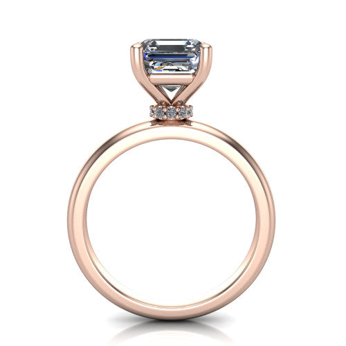 Delilah square emerald hidden halo engagement ring in 18K Rose Gold, through-finger front profile showing the hidden pav&eacute; halo beneath the square emerald center