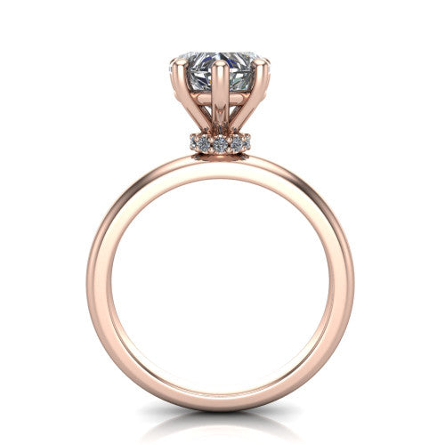 Delilah heart hidden halo engagement ring in 18K Rose Gold, through-finger front profile showing the hidden pav&eacute; halo beneath the heart center