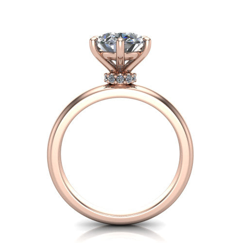 Delilah oval hidden halo engagement ring in 18K Rose Gold, through-finger front profile showing the hidden pav&eacute; halo beneath the oval center