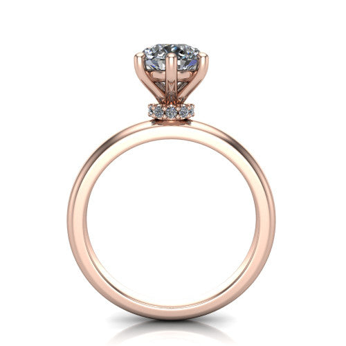 Delilah pear hidden halo engagement ring in 18K Rose Gold, through-finger front profile showing the hidden pav&eacute; halo beneath the pear center