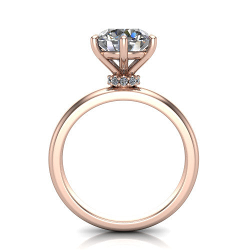 Delilah round hidden halo engagement ring in 18K Rose Gold, through-finger front profile showing the hidden pav&eacute; halo beneath the round center