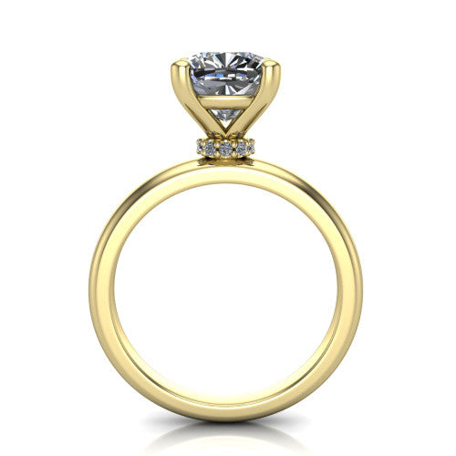 Delilah cushion hidden halo engagement ring in 14K Yellow Gold, through-finger front profile showing the hidden pav&eacute; halo beneath the cushion center