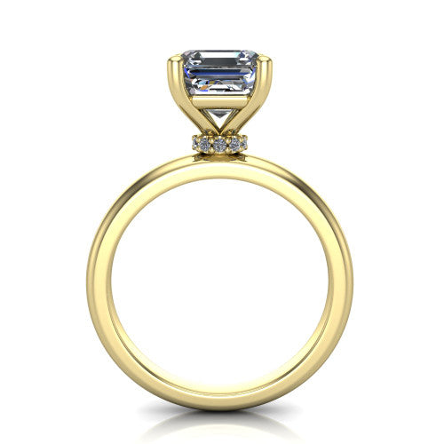 Delilah square emerald hidden halo engagement ring in 18K Yellow Gold, through-finger front profile showing the hidden pav&eacute; halo beneath the square emerald center