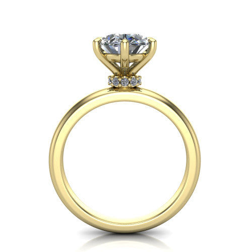 Delilah oval hidden halo engagement ring in 18K Yellow Gold, through-finger front profile showing the hidden pav&eacute; halo beneath the oval center