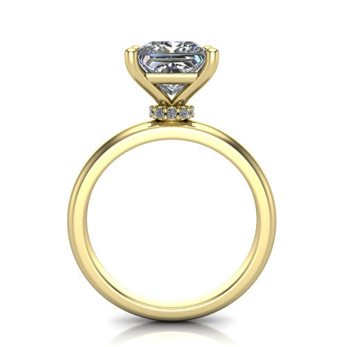 Delilah princess hidden halo engagement ring in 18K Yellow Gold, through-finger front profile showing the hidden pav&eacute; halo beneath the princess center