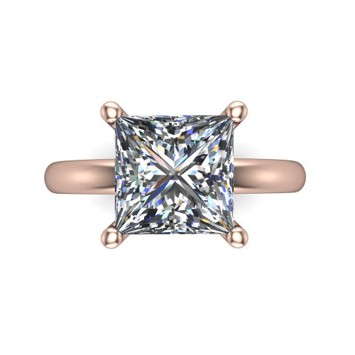 Delilah princess hidden halo engagement ring in 14K Rose Gold, top-down view showing the unhaloed princess solitaire center