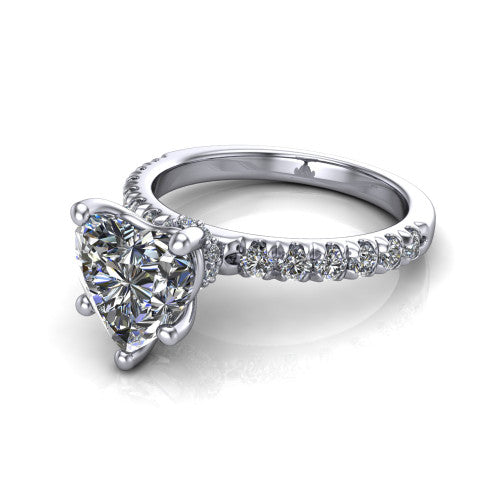 Gabriella heart hidden halo engagement ring in Platinum, three-quarter perspective showing the heart center on claw prongs above a pav&eacute; band with a hidden halo