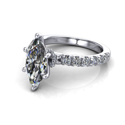 Gabriella marquise hidden halo engagement ring in 14K White Gold, three-quarter perspective showing the marquise center on claw prongs above a pav&eacute; band with a hidden halo