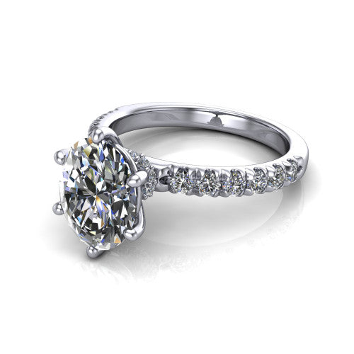 Gabriella oval hidden halo engagement ring in 18K White Gold, three-quarter perspective showing the oval center on claw prongs above a pav&eacute; band with a hidden halo