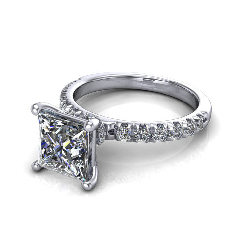 Gabriella princess hidden halo engagement ring in 14K White Gold, three-quarter perspective showing the princess center on claw prongs above a pav&eacute; band with a hidden halo
