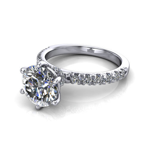 Gabriella round hidden halo engagement ring in 14K White Gold, three-quarter perspective showing the round center on claw prongs above a pav&eacute; band with a hidden halo