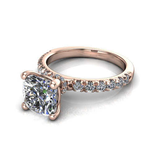 Gabriella cushion hidden halo engagement ring in 18K Rose Gold, three-quarter perspective showing the cushion center on claw prongs above a pav&eacute; band with a hidden halo