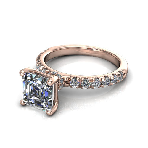 Gabriella square emerald hidden halo engagement ring in 18K Rose Gold, three-quarter perspective showing the square emerald center on claw prongs above a pav&eacute; band with a hidden halo