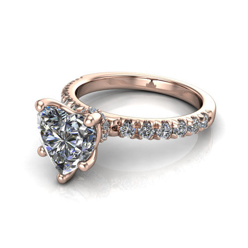 Gabriella heart hidden halo engagement ring in 18K Rose Gold, three-quarter perspective showing the heart center on claw prongs above a pav&eacute; band with a hidden halo
