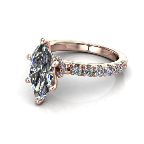 Gabriella marquise hidden halo engagement ring in 14K Rose Gold, three-quarter perspective showing the marquise center on claw prongs above a pav&eacute; band with a hidden halo