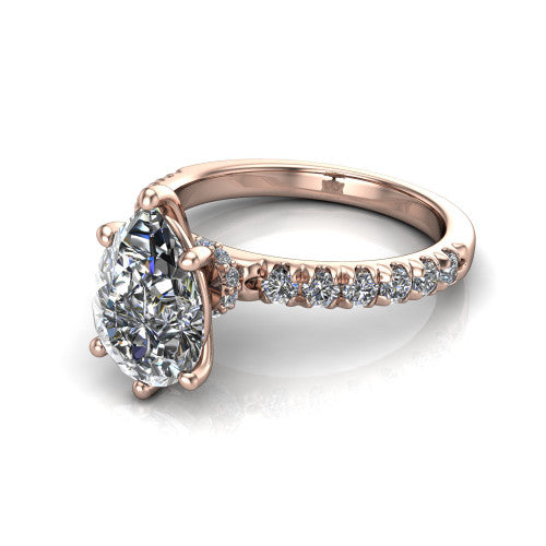 Gabriella pear hidden halo engagement ring in 14K Rose Gold, three-quarter perspective showing the pear center on claw prongs above a pav&eacute; band with a hidden halo