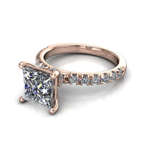 Gabriella princess hidden halo engagement ring in 14K Rose Gold, three-quarter perspective showing the princess center on claw prongs above a pav&eacute; band with a hidden halo