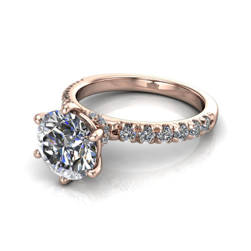 Gabriella round hidden halo engagement ring in 14K Rose Gold, three-quarter perspective showing the round center on claw prongs above a pav&eacute; band with a hidden halo