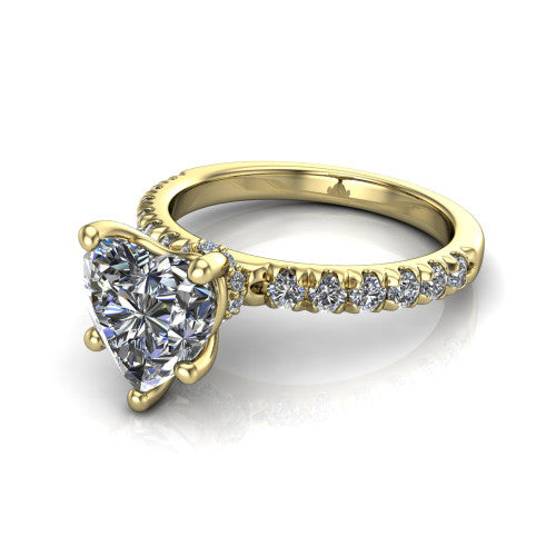 Gabriella heart hidden halo engagement ring in 18K Yellow Gold, three-quarter perspective showing the heart center on claw prongs above a pav&eacute; band with a hidden halo