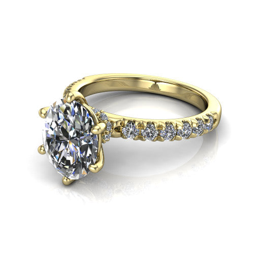Gabriella oval hidden halo engagement ring in 14K Yellow Gold, three-quarter perspective showing the oval center on claw prongs above a pav&eacute; band with a hidden halo