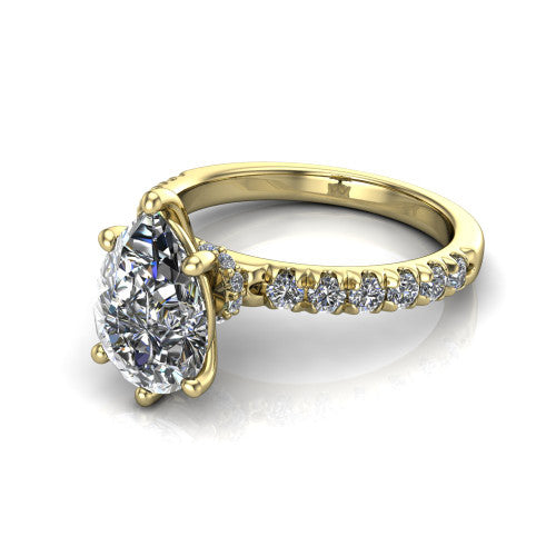 Gabriella pear hidden halo engagement ring in 18K Yellow Gold, three-quarter perspective showing the pear center on claw prongs above a pav&eacute; band with a hidden halo