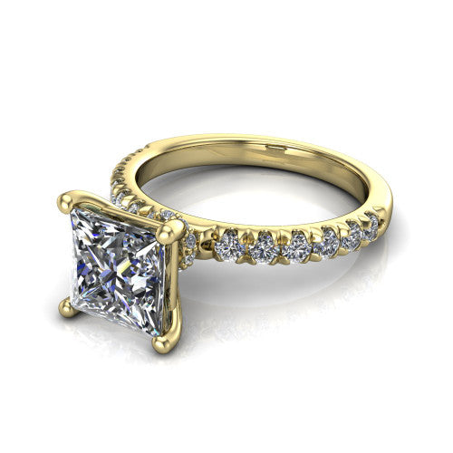 Gabriella princess hidden halo engagement ring in 14K Yellow Gold, three-quarter perspective showing the princess center on claw prongs above a pav&eacute; band with a hidden halo