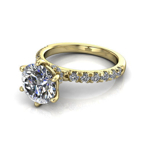 Gabriella round hidden halo engagement ring in 18K Yellow Gold, three-quarter perspective showing the round center on claw prongs above a pav&eacute; band with a hidden halo