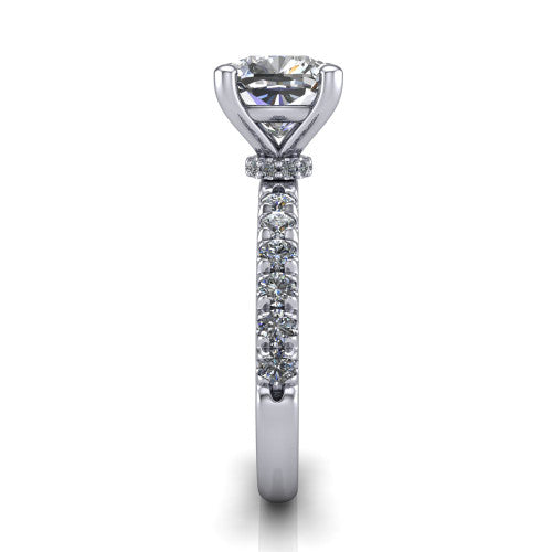 Gabriella cushion hidden halo engagement ring in 14K White Gold, side profile showing the hidden pav&eacute; halo collar and the pav&eacute; band in profile