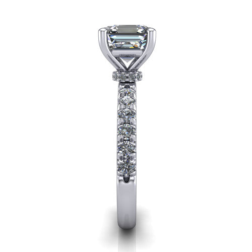 Gabriella square emerald hidden halo engagement ring in Platinum, side profile showing the hidden pav&eacute; halo collar and the pav&eacute; band in profile
