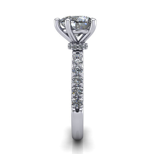 Gabriella heart hidden halo engagement ring in Platinum, side profile showing the hidden pav&eacute; halo collar and the pav&eacute; band in profile